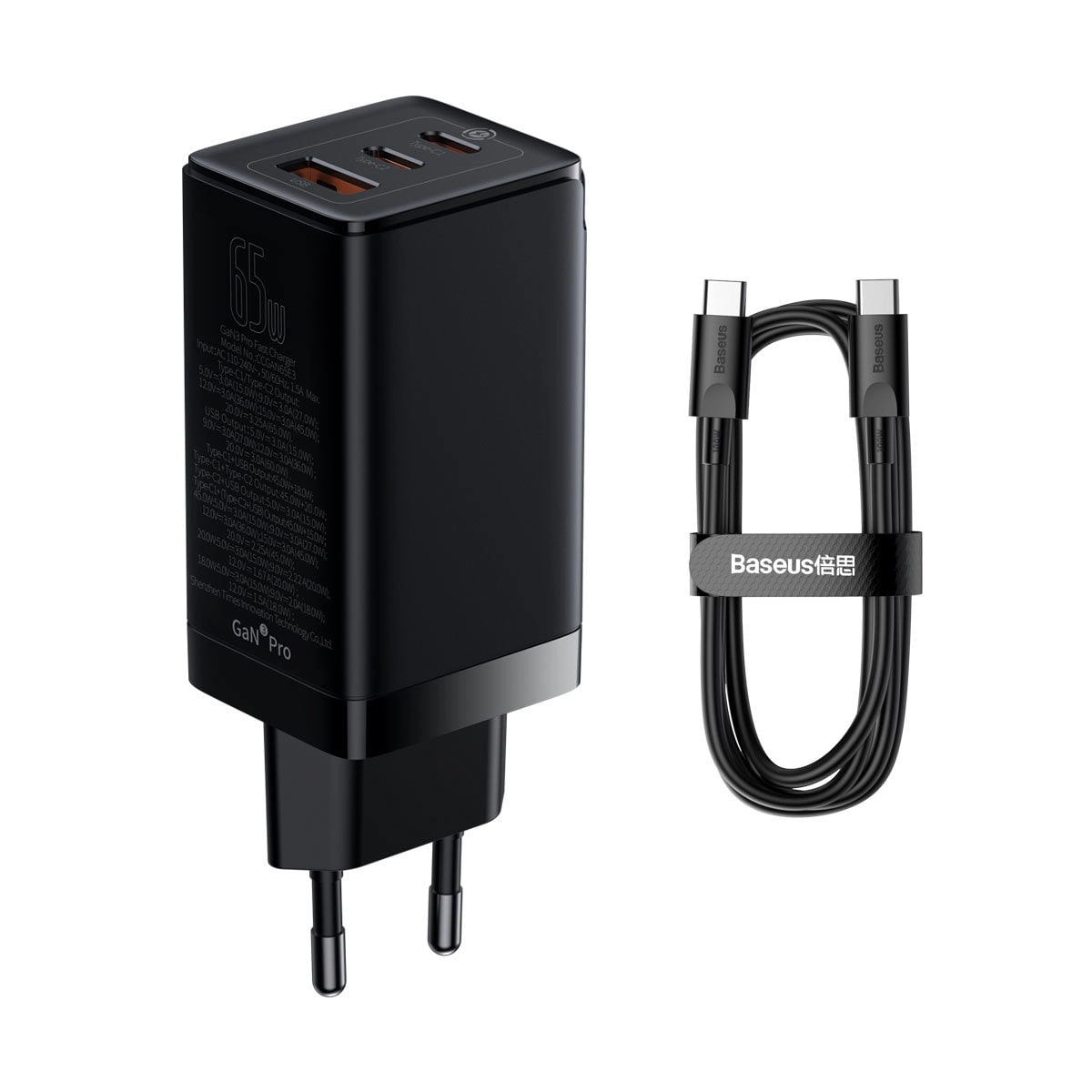 65W Baseus GaN3 Pro Fast Charger 2C+U + Type-C 1m zaryadlovchi qurilmasi arzon