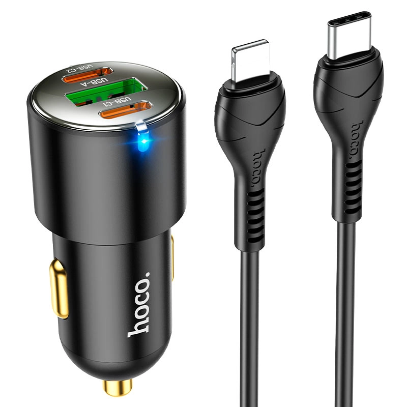 Автомобильная зарядка Hoco NZ6 45W (2 Type-C + 1 USB) набор с кабелем Type-C to lighting Чёрный недорого