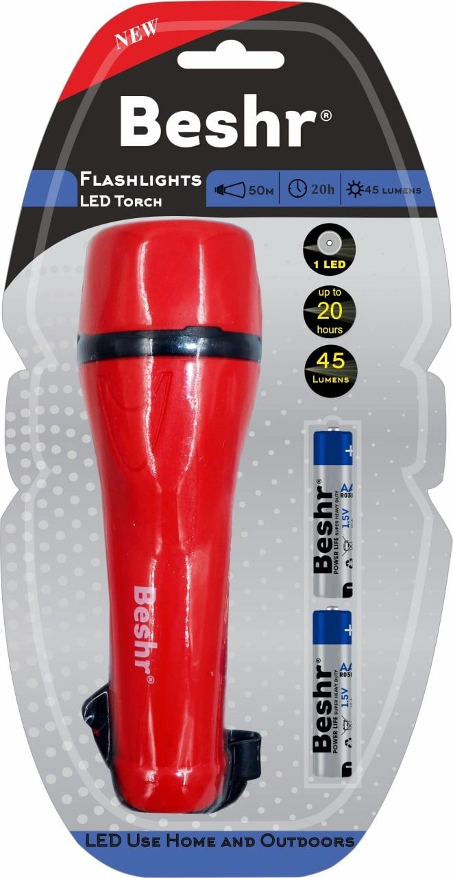 Фонарь Beshr FLASHLIGHT LED TORCH PT1L2AA-2R6PBP (ЧЕРНЫЙ, КРАСНЫЙ, СИНИЙ ) купить