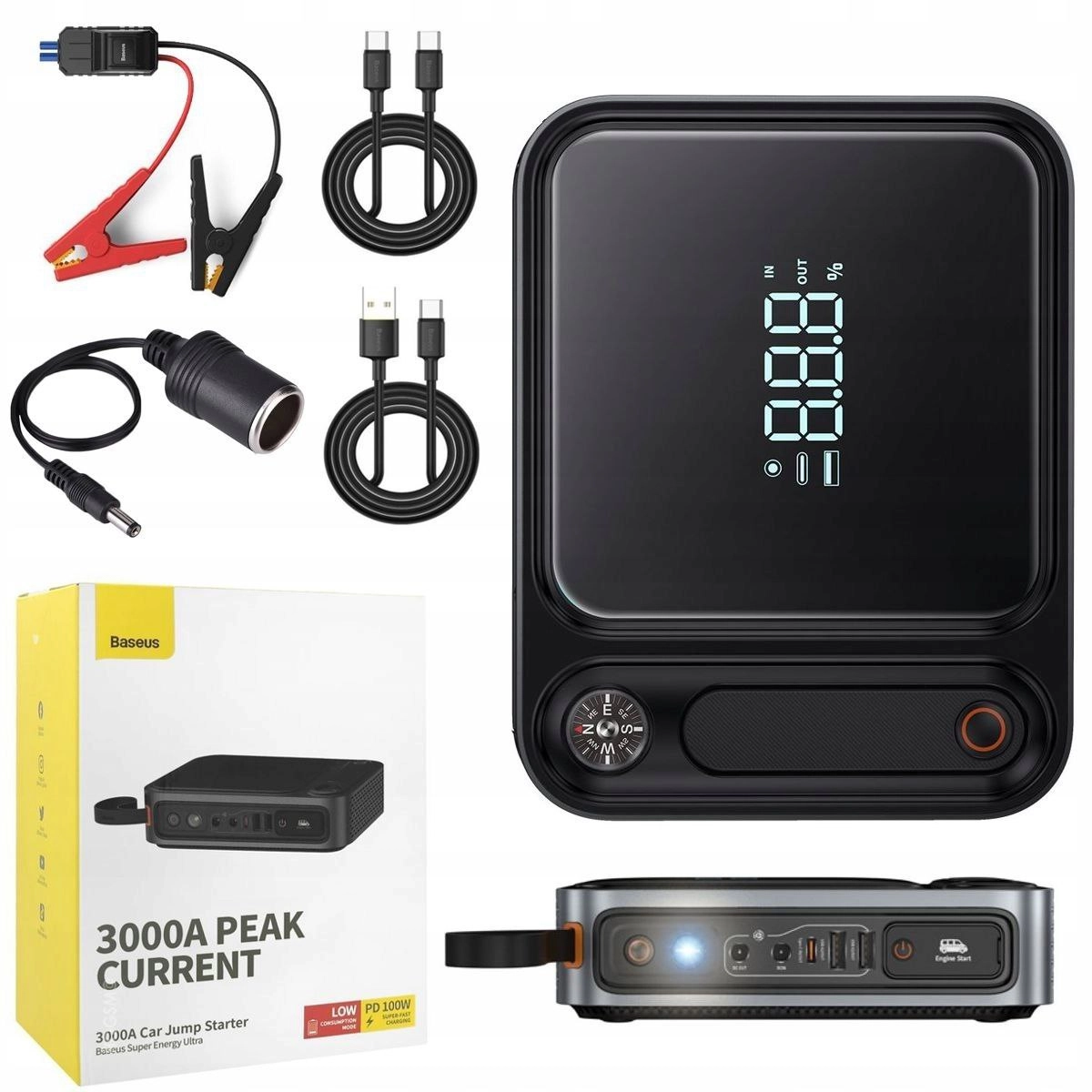 Baseus 3000A Peak Current Car Jump Starter 26800mAh,  avtomobil dvigatelini ishga tushiruvchi qo‘shimcha akkumulyator bo'lib to'lash