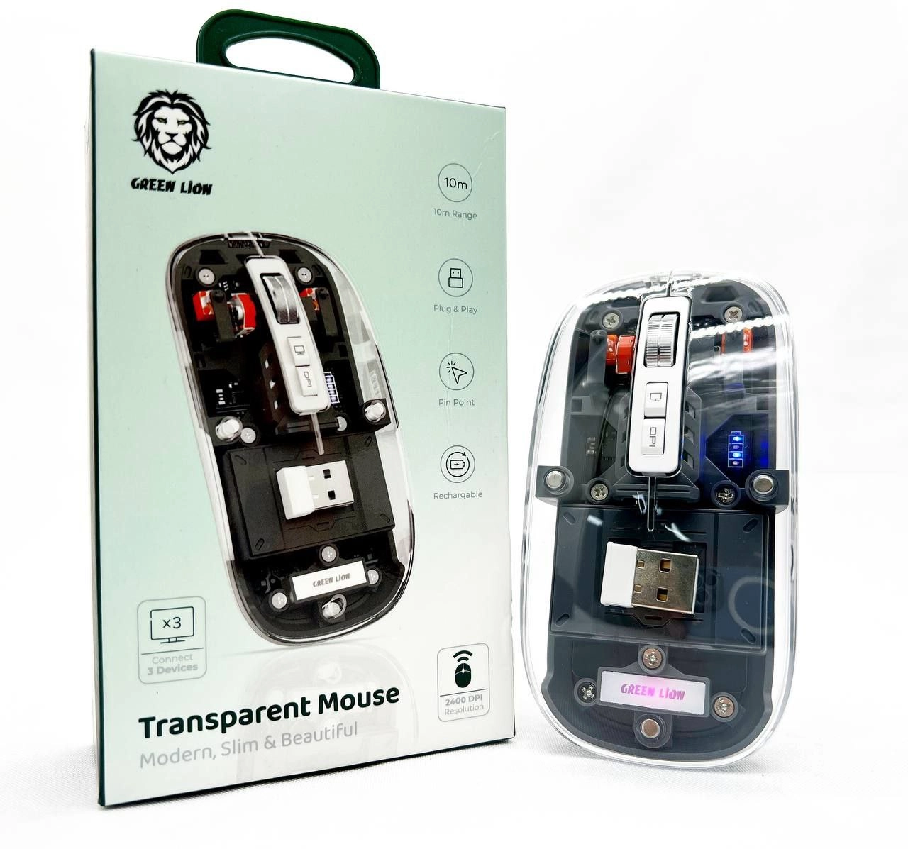 Green Lion Transparent Mouse 2400DPI 400mAh simsiz sichqonchasi arzon