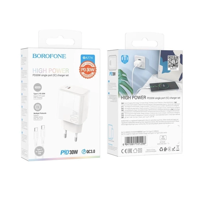 Сетевое Зарядное Устройство Borofone BA77A Insightful PD / QC 30W Type-C to Type-C белый недорого