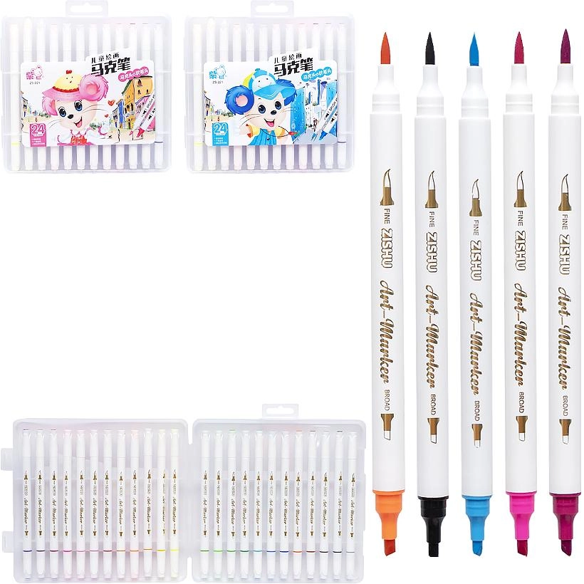 Flomasterlar 24 ta rangli WP-221 cho'tka/qirralangan uchi bilan arzon