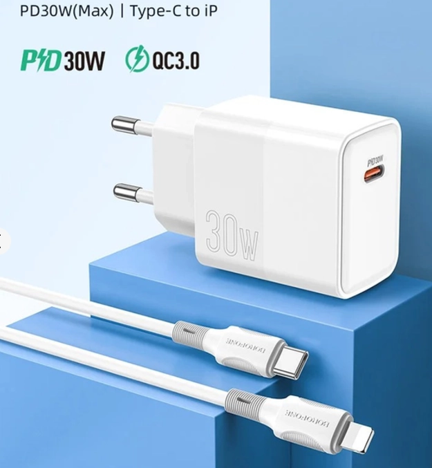 Сетевое Зарядное Устройство Borofone BA77A Insightful PD / QC 30W Type-C to lightning белый в Узбекистане