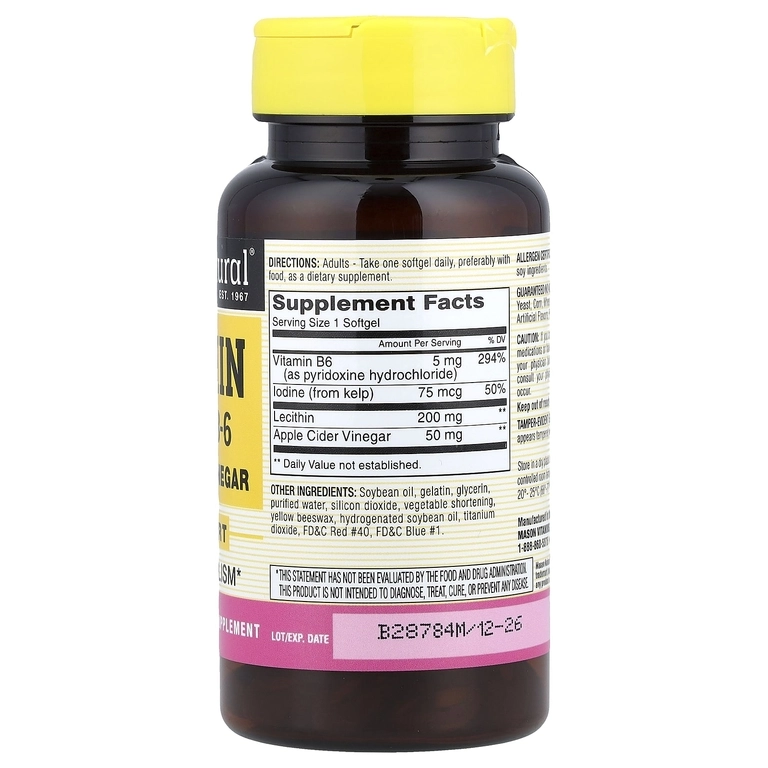 Mason Natural, jigarrang suvo&lsquo;tlar, B6 vitamini va olmо sirkasi bilan lecitин, 100 kapsula (05981) arzon