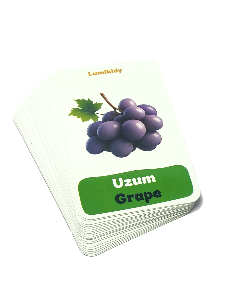 Bolalar rivojlanishi uchun kartochkalar: Mevalar - Fruits (ingliz tilida) rasm bilan