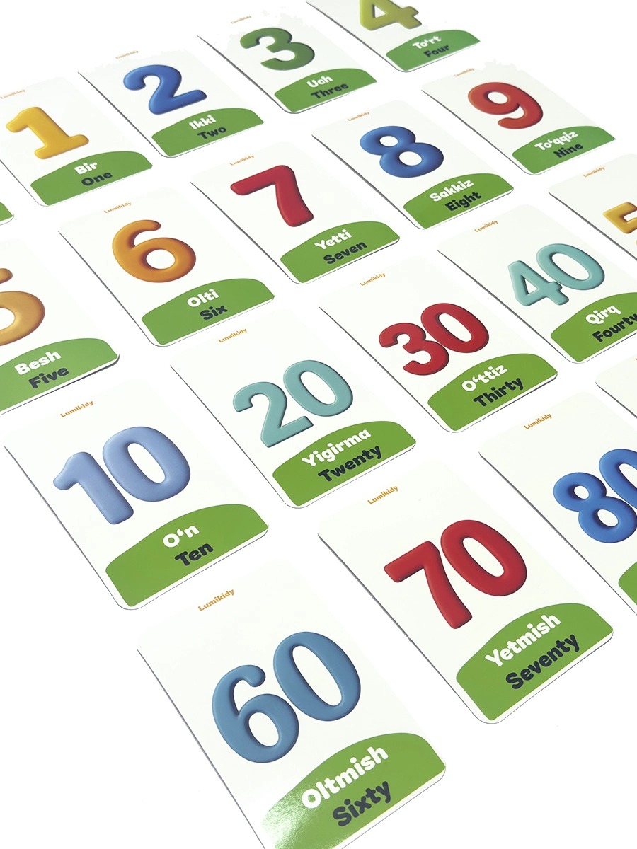 Bolalar rivojlanishi uchun kartochkalar: Raqamlar- Numbers (ingliz tilida) O'zbekistonda