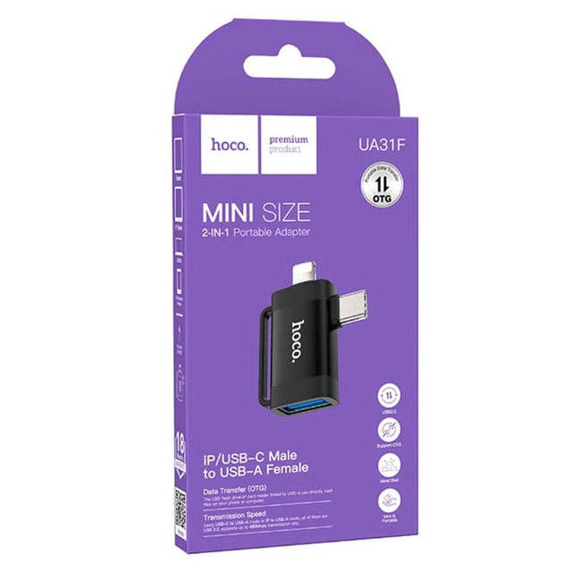 Переходник Hoco UA31F Type-C на USB черный рассрочка