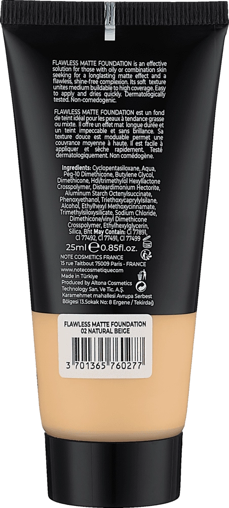 Tonal kremi NOTE FLAWLESS MATTE FOUNDATION 02 (25ml) arzon