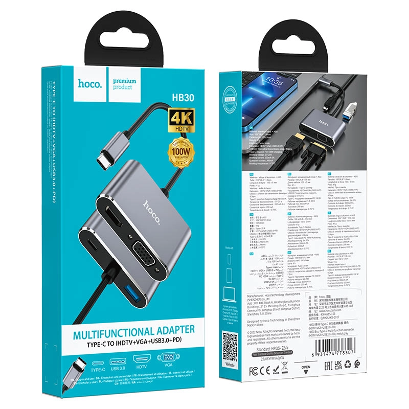 Конвертер “HB30 Eco” Type-C на HDMI + VGA + USB3.0 + PD в Узбекистане