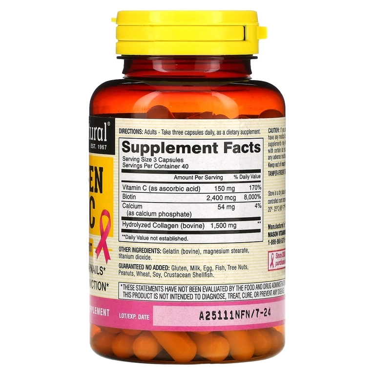 Mason Natural, kollagen 1500 mg vitamin C bilan, 120 kapsula (17012) - rasm №3 Mason Natural, kollagen 1500 mg vitamin C bilan, 120 kapsula (17012) arzon
