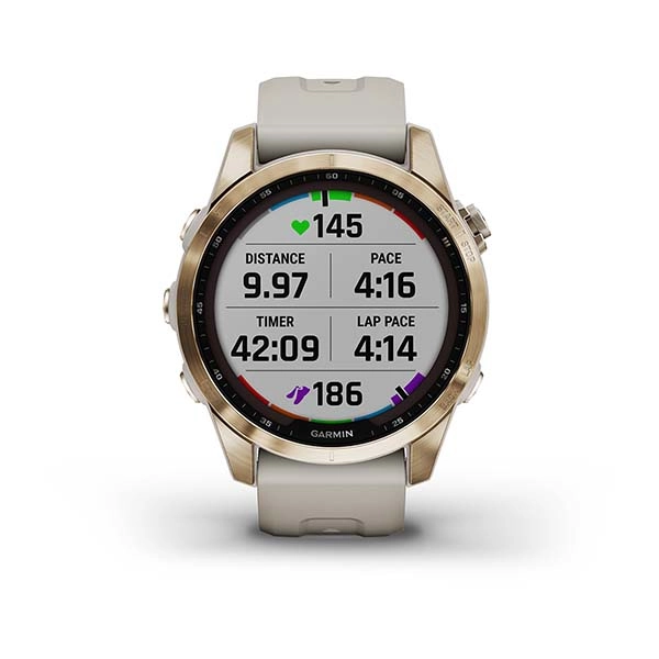 Garmin FENIX 7S Sapphire Solar Cream gold smart-soati rasm bilan