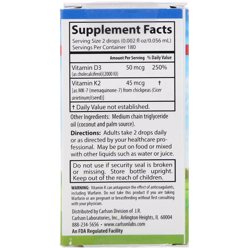 Carlson Labs, Super Daily D3+K2, 50 мкг, 0,34 унц. (10,16 мл) (10500) - фото №3 Carlson Labs, Super Daily D3+K2, 50 мкг, 0,34 унц. (10,16 мл) (10500) недорого