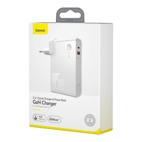 Baseus 45W 2-in-1 GaN charger 10000 mah (White) tashqi akkumulyatorli zaryadlash qurilmasi bo'lib to'lash