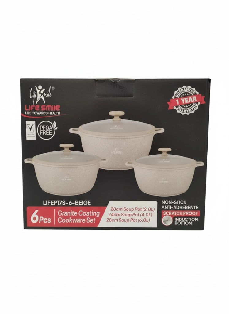 Life Smile Granite coating cookware set Beige oshxona idishlari to&lsquo;plami, LIFEP17S-6-BEIGE arzon