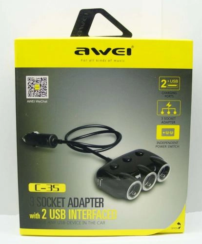 Разветвитель автомобильного прикуривателя AWEI C-35 3Ports/2USB/3,1A Black недорого