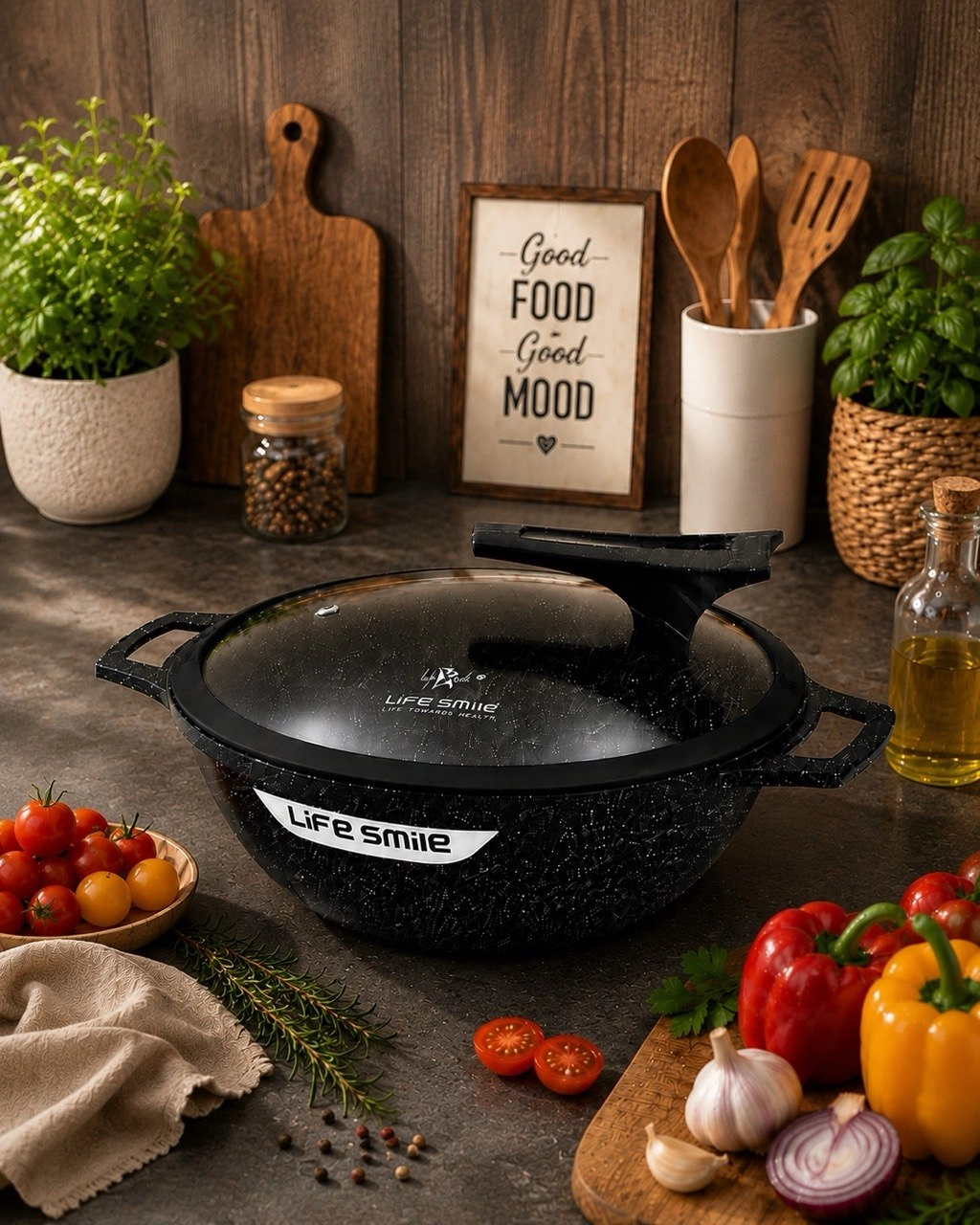 Life Smile yassi WOK qozon 28sm 4.4l ,Black sotib olish