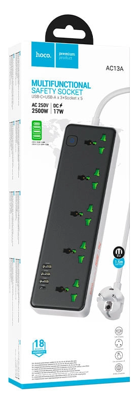 Hoco AC13A 5 sockets EU uzaytirgichi O'zbekistonda