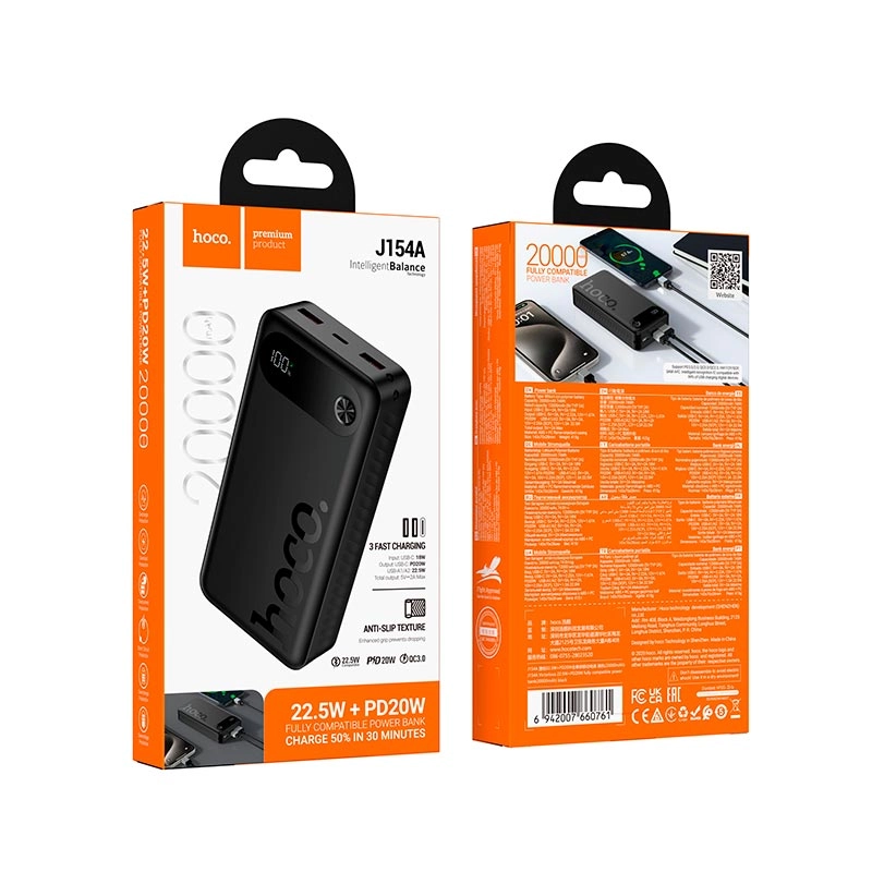 Power Bank Hoco J154A 20000mAh qora tashqi akkumulyatori O'zbekistonda