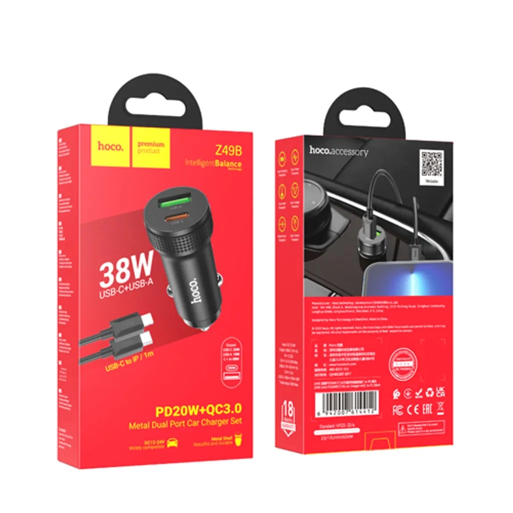 Автомобильная зарядка Hoco Z49B USB-C to Lightning 1м Чёрный онлайн