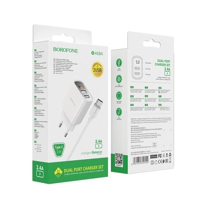 Borofone Led 2USB Type-C 2x1 zaryadlash moslamasi kabeli bilan O'zbekistonda