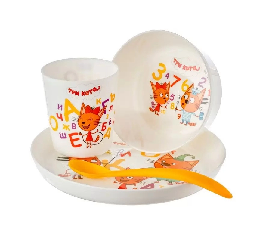 Набор детской посуды Lalababy Три Кота (тарелка, миска, стакан и ложка) купить