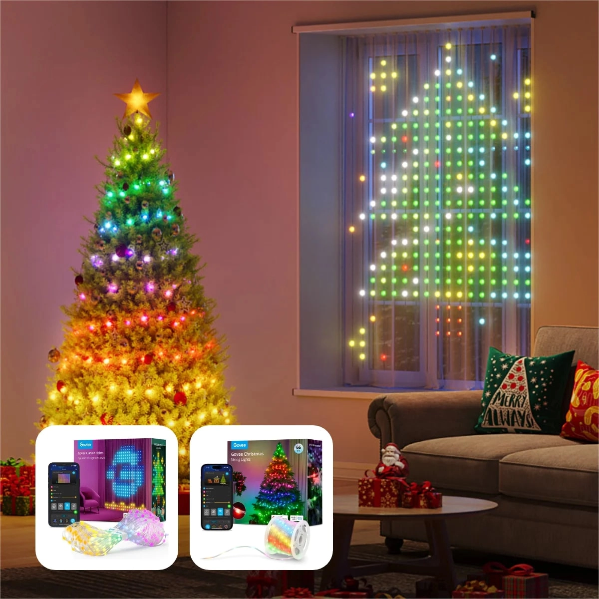 Гирлянда Smart LED Govee H70C1 Christmas Light RGB, IP65, 10м, кабель прозрачный - фото №12 Гирлянда Smart LED Govee H70C1 Christmas Light RGB, IP65, 10м, кабель прозрачный купить
