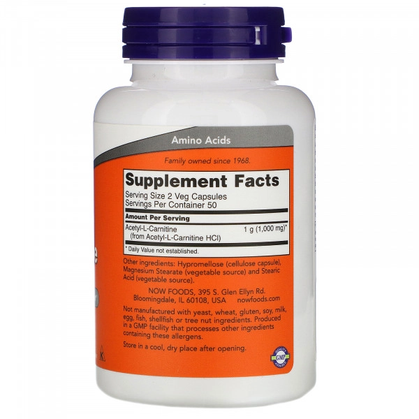 NOW Foods Acetyl-L-Carnitine 500 mg (ацетил карнитин), 100 капсул (00076) недорого