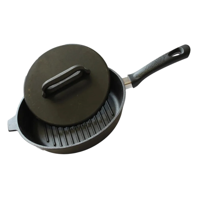 Bakelit tutqichli va cho&lsquo;yan qopqoqli Kamskaya Idishlar g8063 cho&lsquo;yan gril tovasi, 280x60 o&lsquo;lchamli sotib olish