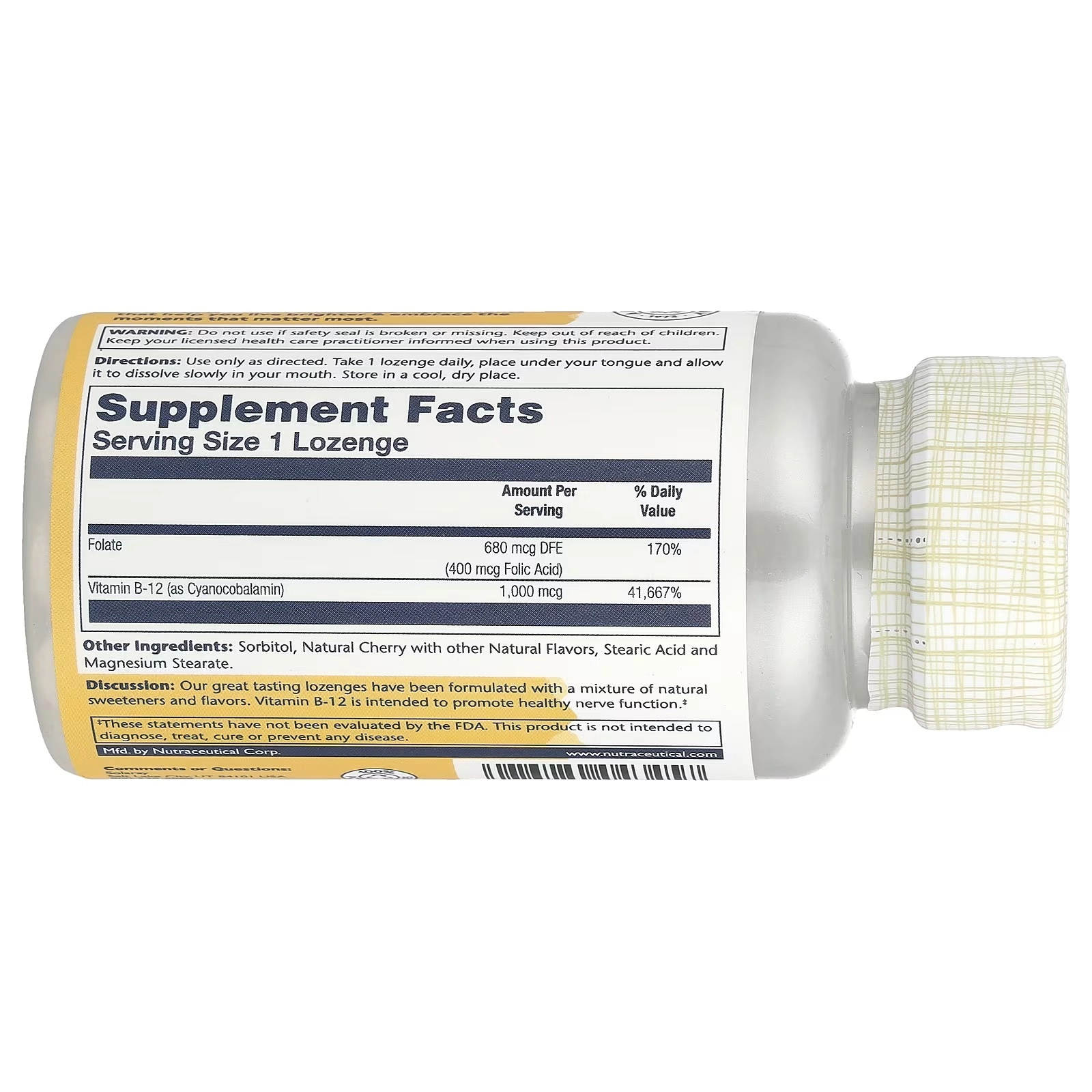 Solaray, Leden'tsilar bilan foliy kislotasi, vitamin B12, tabiiy olcha ta'mi, 1000 mg, 90 pastilka (04345) arzon