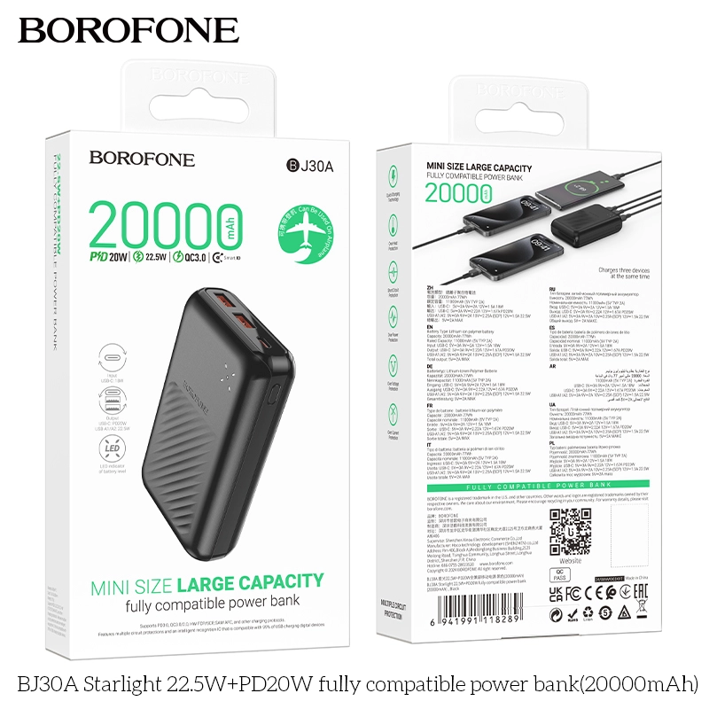 Borofone BJ30A Starlight 22.5W+PD20W 20000mAh qora portativ akkumulyatori onlayn