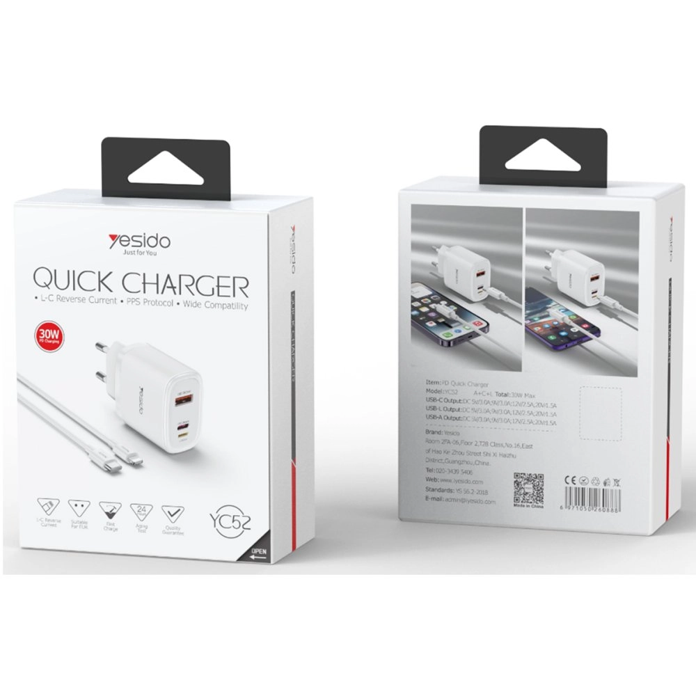 Yesido YC52 PD 30W Type-C to Lightning  kabelli zaryadlash qurilmasi arzon