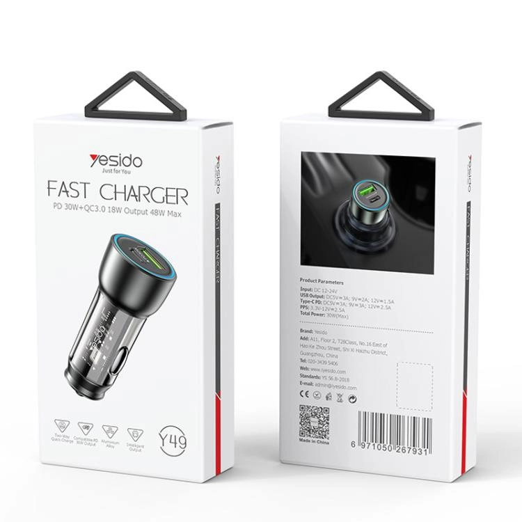 Yesido Y49 Transparent USB3.0 Fast Charger 30W avtomobil zaryadlovchisi arzon
