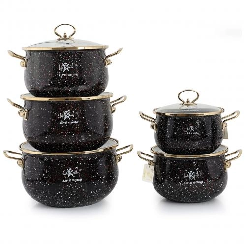 Набор эмалированных кастрюль Lifesmile Gold (чёрный, синий, бардовый, серый) купить