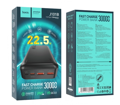 Hoco J101B Astute 30000mAh qora portativ akkumulyatori bo'lib to'lash