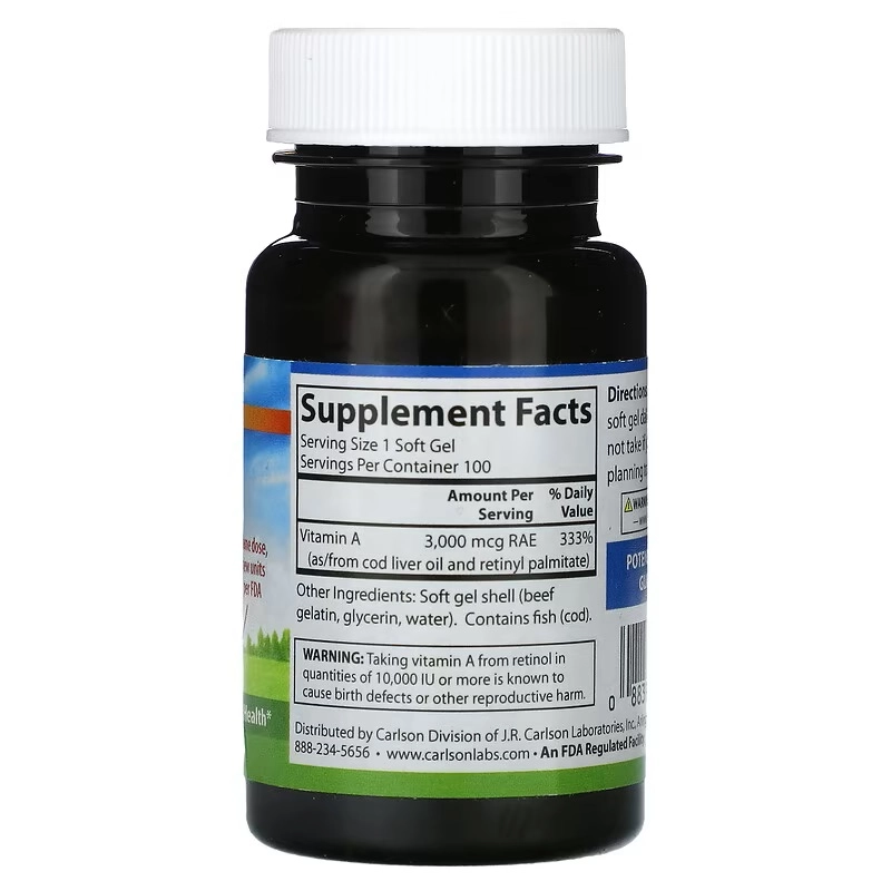 Carlson, Vitamin A, 3,000 mcg RAE (10,000 IU), 100 yumshoq kapsulalar (01111) - rasm №3 Carlson, Vitamin A, 3,000 mcg RAE (10,000 IU), 100 yumshoq kapsulalar (01111) arzon