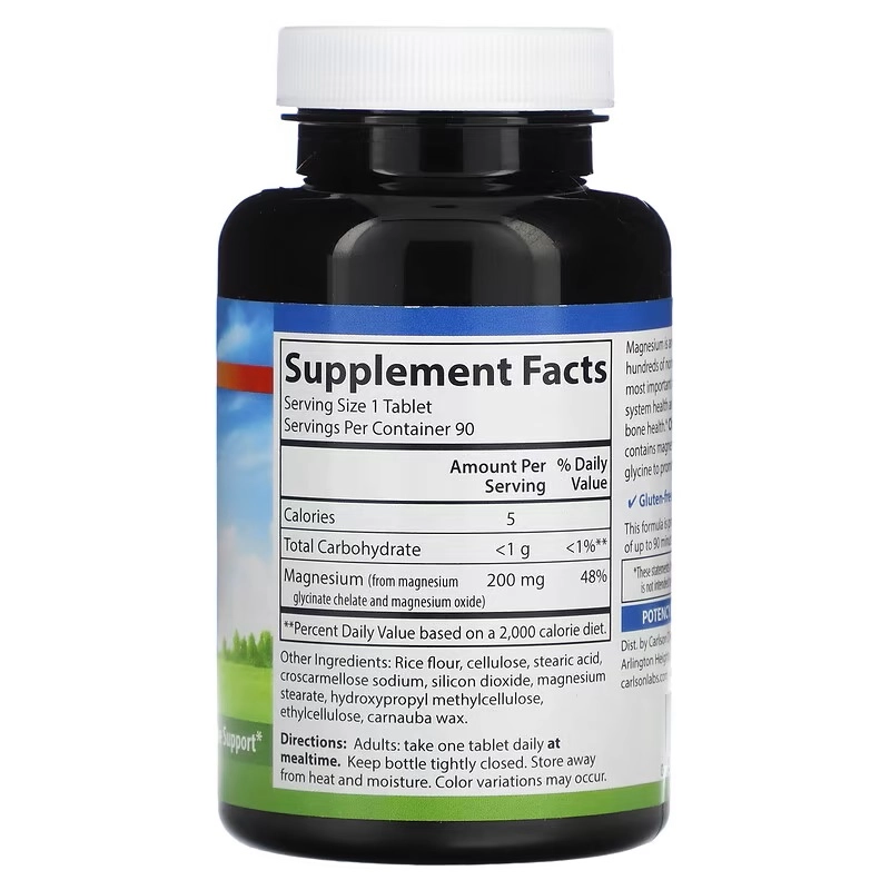 Carlson, Chelated Magnesium Glycinate, 200 mg, 90 Tabletka  (05611) arzon