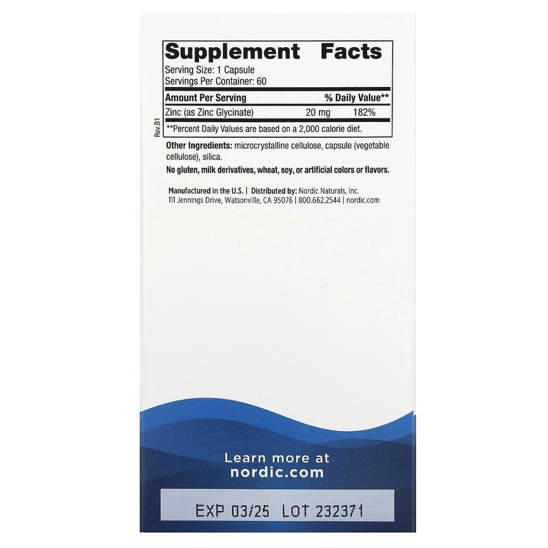 Nordic Naturals Zinc Glycinate 20 mg (глицинат цинка, 60 капсул) (01536) недорого