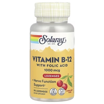 Solaray, Leden'tsilar bilan foliy kislotasi, vitamin B12, tabiiy olcha ta'mi, 1000 mg, 90 pastilka (04345) sotib olish