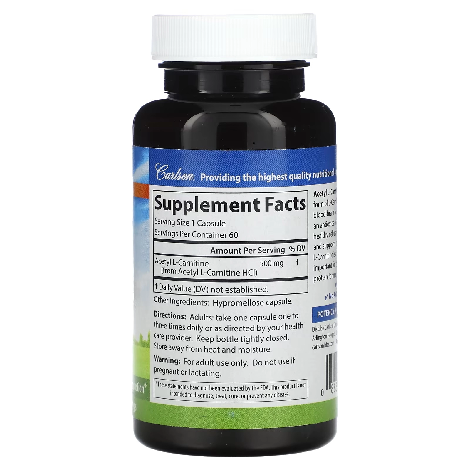 Carlson, Asetil L-karnitin, 500 mg, 60 vegetarian kapsul (07920) arzon