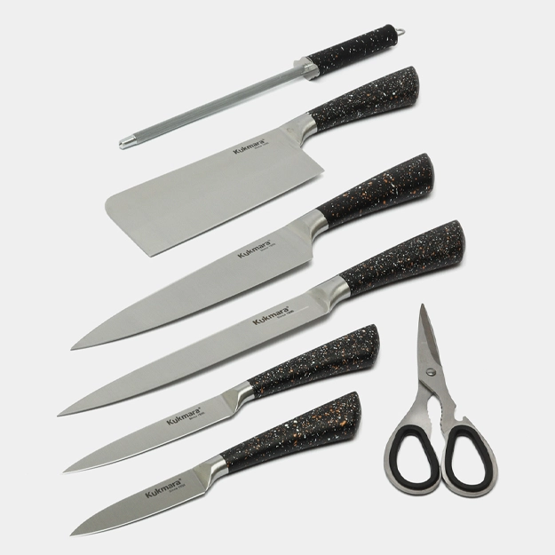 Oshxona pichoqlari to'plami 9 ta yog'och stendli (kulrang) O'zbekistonda