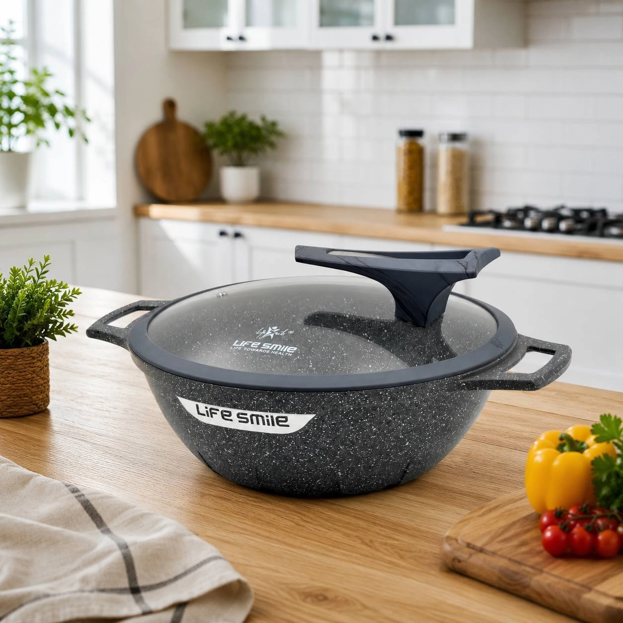 Life Smile yassi WOK qozon 28sm 4.4l , Graphite Gray arzon