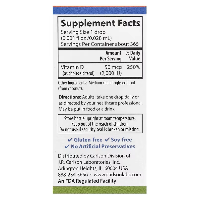 Carlson, Super Daily® D3, 50 mkg (2000 ME), 10,3 ml (0,35 suyuq unsiya) (01280) arzon