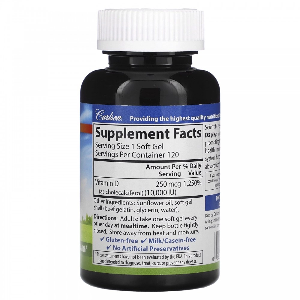 Carlson, Витамин D3, 250 мкг (10 000 МЕ), 120 мягких желатиновых капсул (01421) недорого