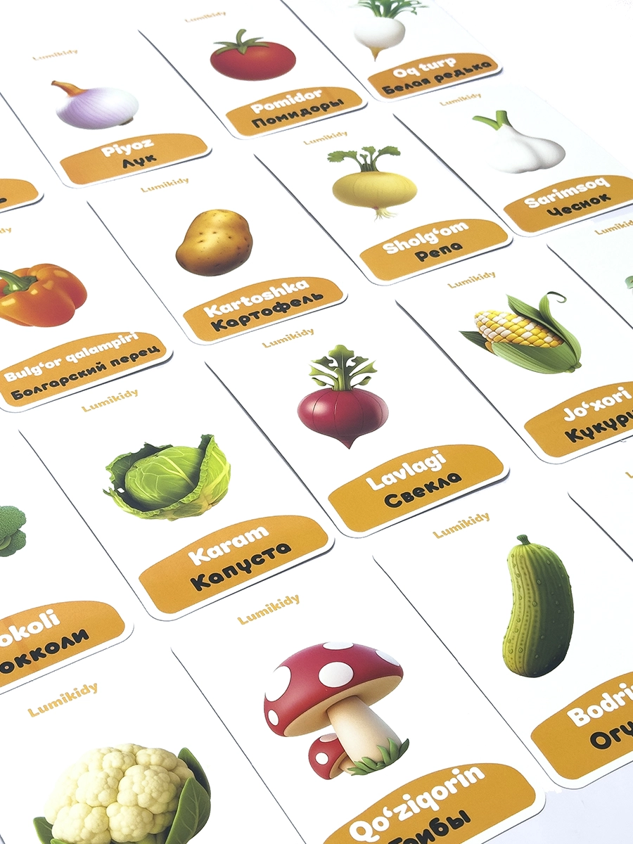 Bolalar rivojlanishi uchun kartochkalar: Sabzavotlar- Овощи (rus tilida) O'zbekistonda