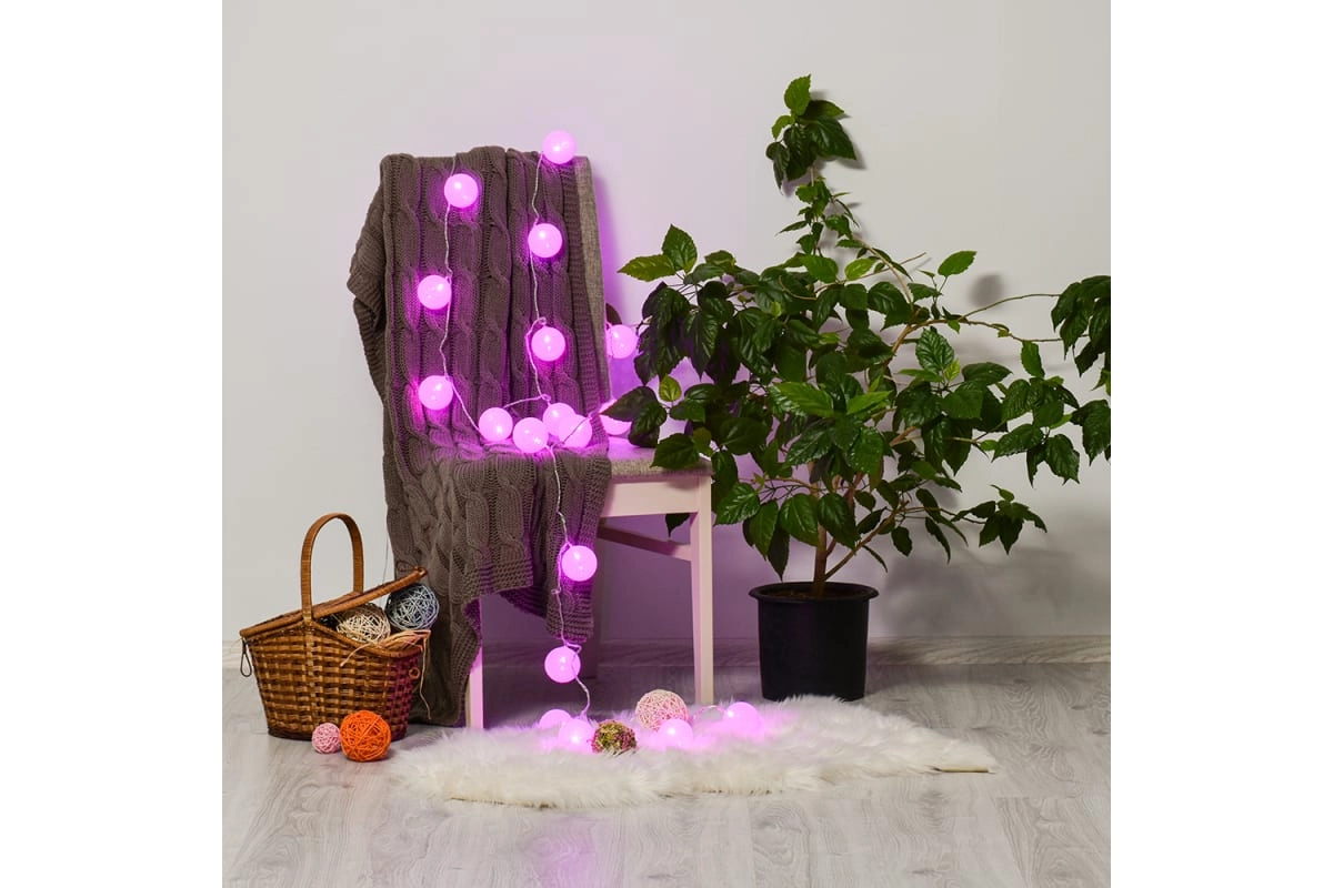 Гирлянда VEGAS Нить с хлопковыми шарами 10 розовых LED ламп купить