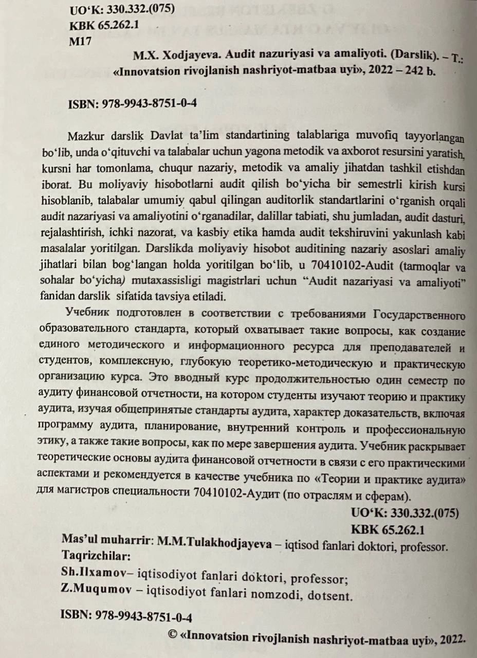 M. X. Xodjayeva: Audit nazariyasi va amaliyoti O'zbekistonda