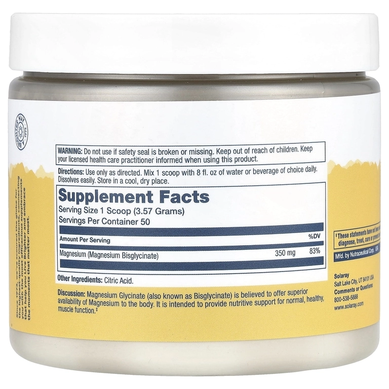 Solaray Magniy bisglitsinati kukuni, 179 g &ndash; yuqori so&lsquo;rilish, qo&lsquo;shimchalarsiz (70971) arzon