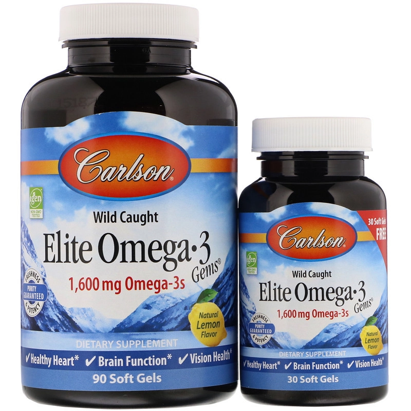 Carlson, Elite Omega-3 Gems, Norvegiya yovvoyi baliqlaridan tanlangan omega-3 kislotalari, tabiiy limon ta'mi bilan, 1600 mg, 90+30 kapsula (1 kapsulada 800 mg) (01714) sotib olish