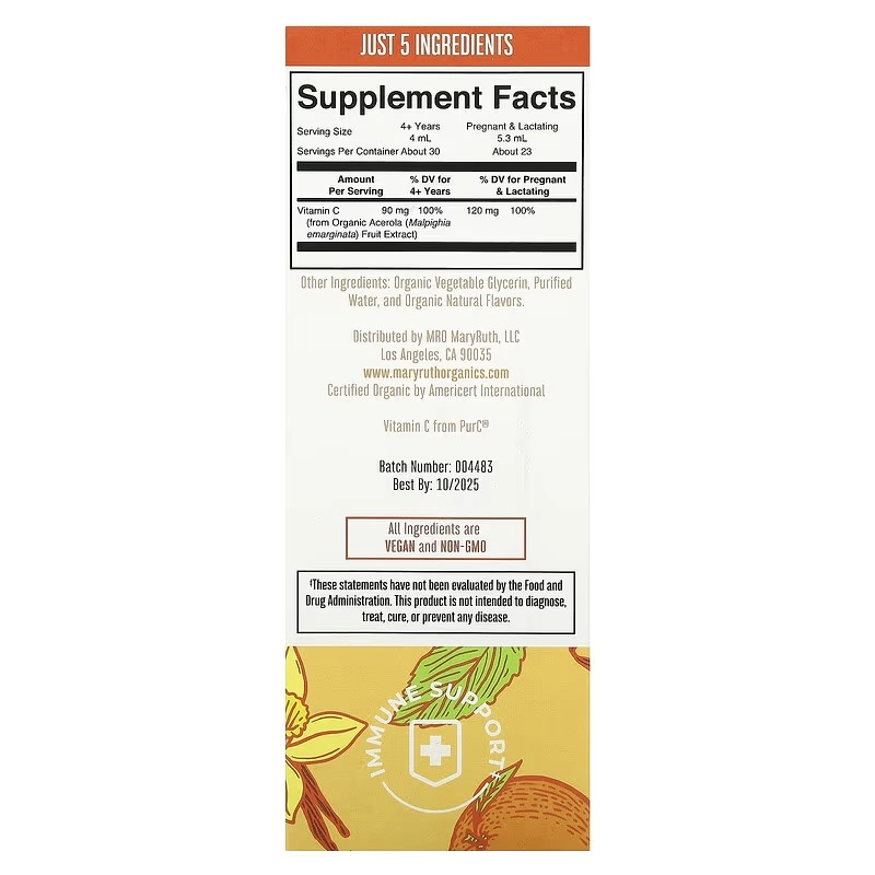 MaryRuth's, organik C vitamini suyu, apelsin va vanil ta'mi bilan, 120 ml (4 suyuq untsiya) (39204) arzon